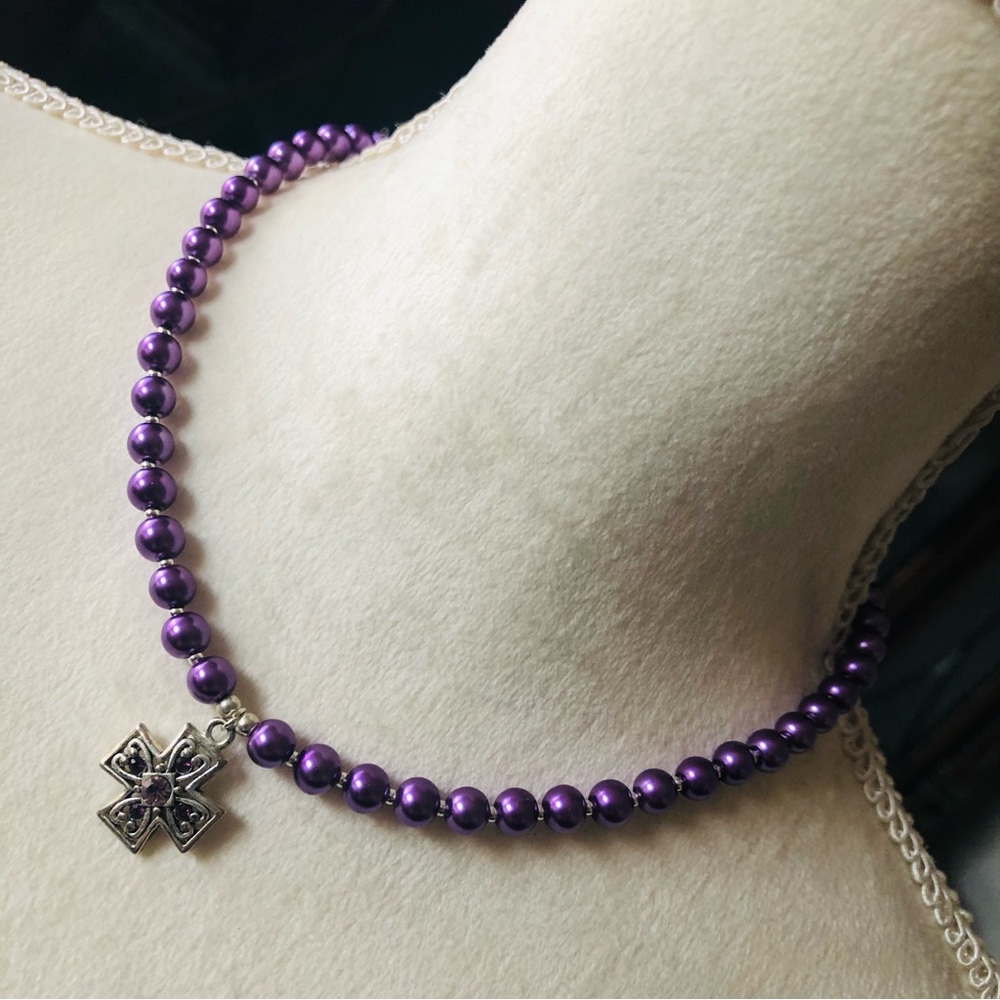 Handcrafted repurpose stone Maltese cross pendant Czech glass Pearl necklace